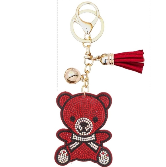 Bling Teddy Bear Crystal Rhinestone Keychain Bag Charm With Red Tassel - Picture 4 of 15
